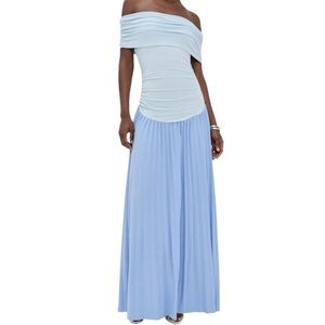 NWT Lioness Field of Dreams Maxi Dress Blue Large Ruched Pleated Knit